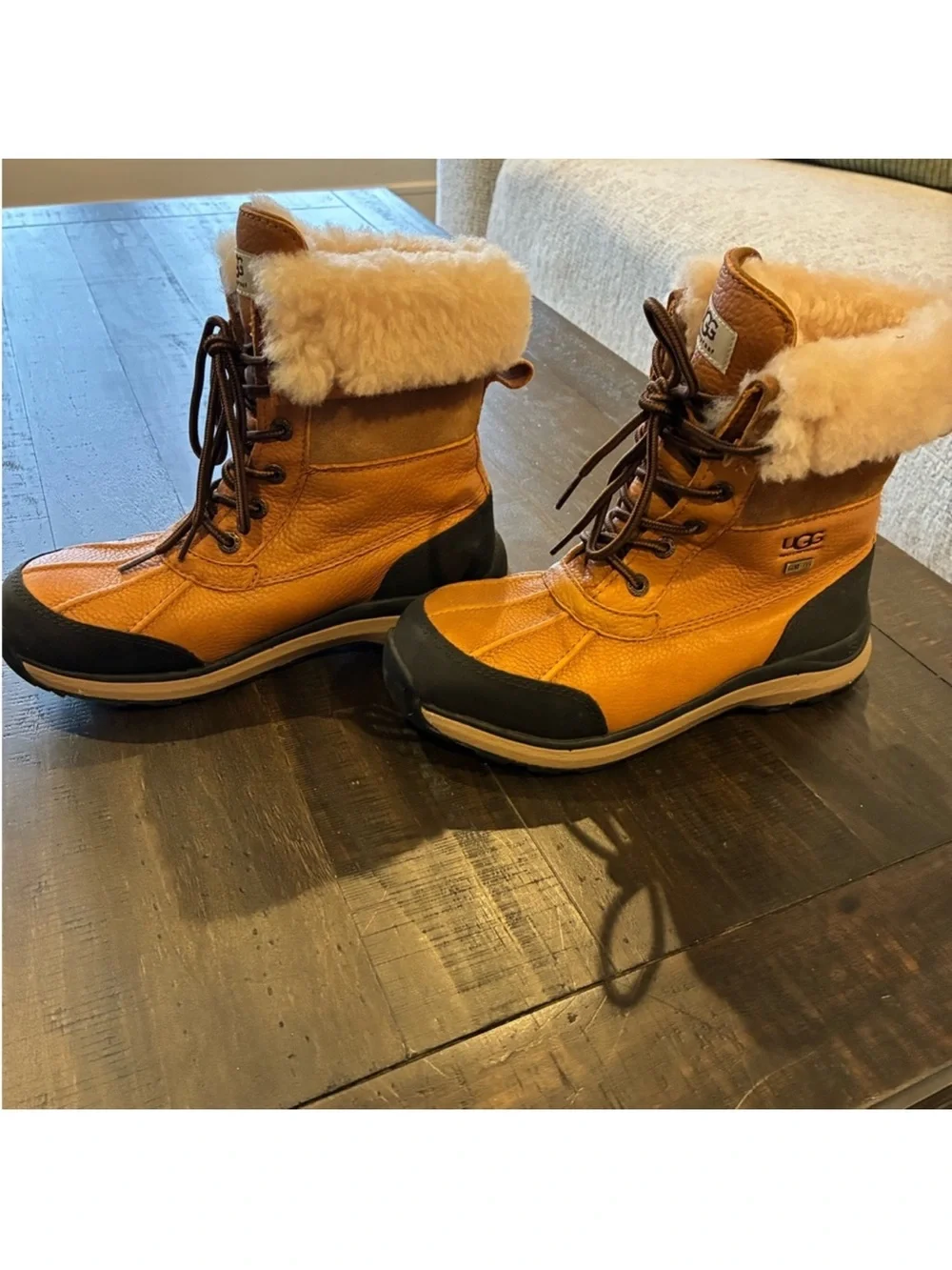 UGG Chestnut Tan Shearling-Trim Lace-Up Winter Boots